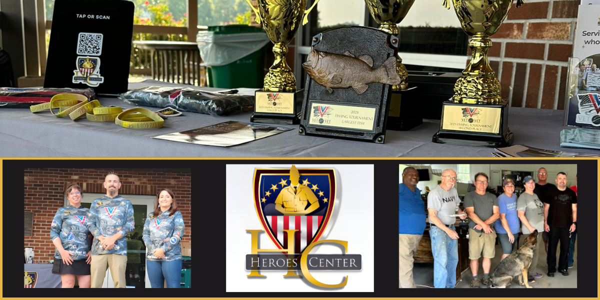 _Nov GHC 8 Display table at The Hero’s Center event featuring trophies, medals, and awards for the 2025 Vet 2 Vet Fishing Tournament, with volunteers and veterans standing together in group photos. The Heroes Center logo is centered below the images, symbolizing their mission of service, connection, and healing for veterans.