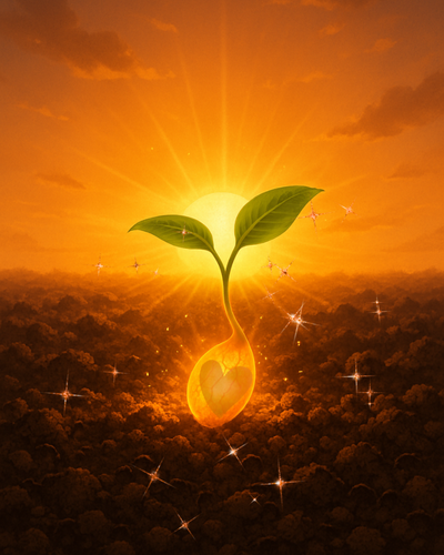 Image of a sprout whose seed contains a heart lighted by the rising sun for the article Deer Mother in the December issue of the Greensboro Holistic Collective newsletter