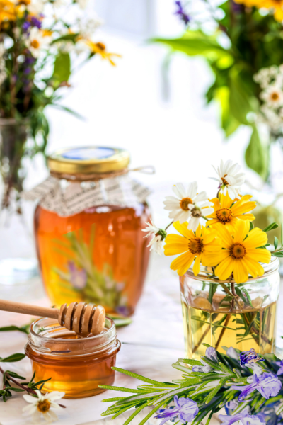 Image of a jar of honey with rosemary infusing for the Greensboro Holistic Collective, December Newsletter