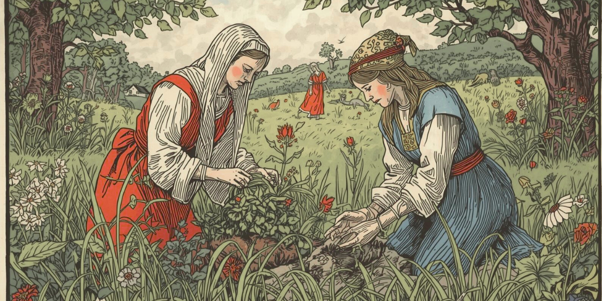 Illustration of two women harvesting medicinal herbs in a meadow, honoring traditional herbal wisdom and community care.