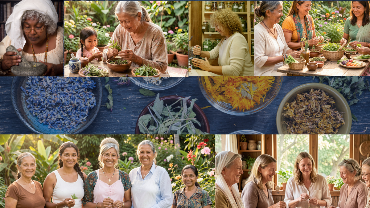 Illustration of two women harvesting medicinal herbs in a meadow, honoring traditional herbal wisdom and community care.