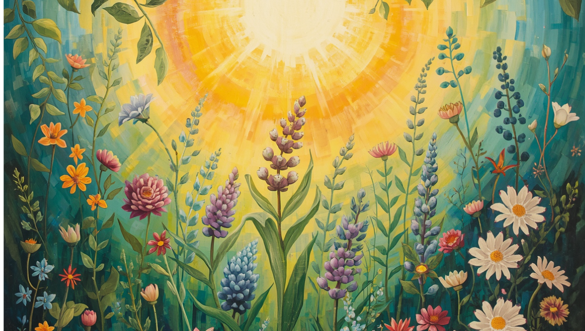 drawing of a sun and flowers celebrating solstice