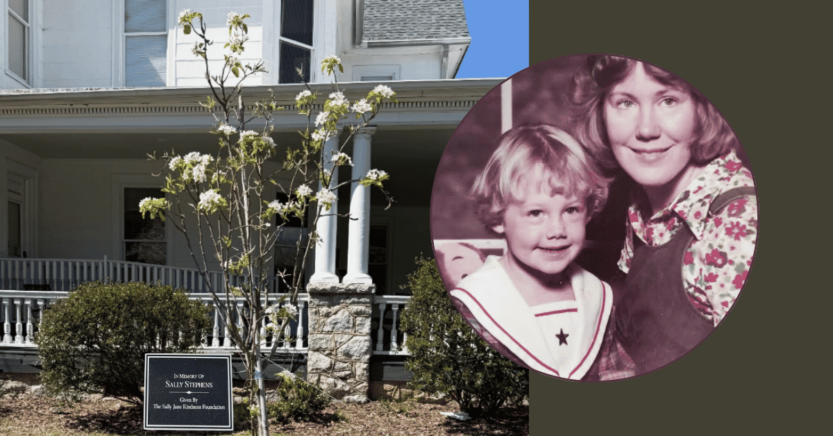 Memorial plaque for Sally Stephens beside flowering tree at the Pear Tree Wellness Collective