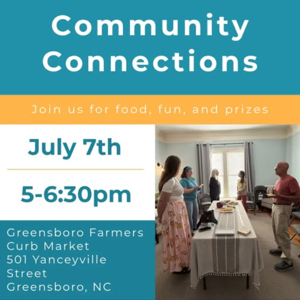 Promotional graphic for Greensboro Holistic Collective's Community Connections networking event on July 7 from 5:00–6:30 p.m. at the Greensboro Farmers Curb Market, featuring event details and a photo of attendees connecting.