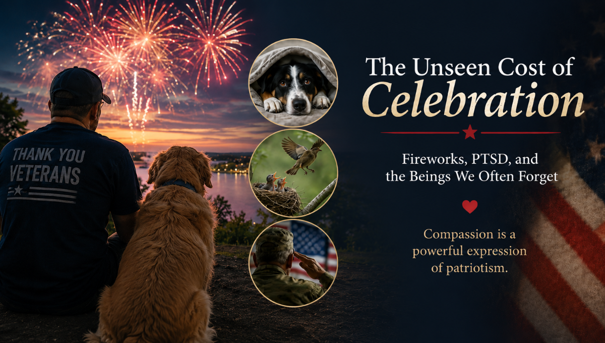 Graphic illustrating the unseen effects of fireworks on veterans with PTSD, pets, and wildlife during Independence Day celebrations.