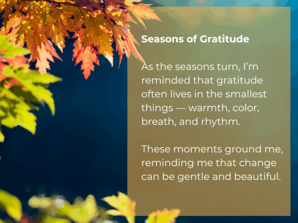 Close-up of autumn leaves glowing in sunlight with a blurred forest background. Text overlay reads “Seasons of Gratitude” and a short reflection about finding beauty, warmth, and rhythm in seasonal change.